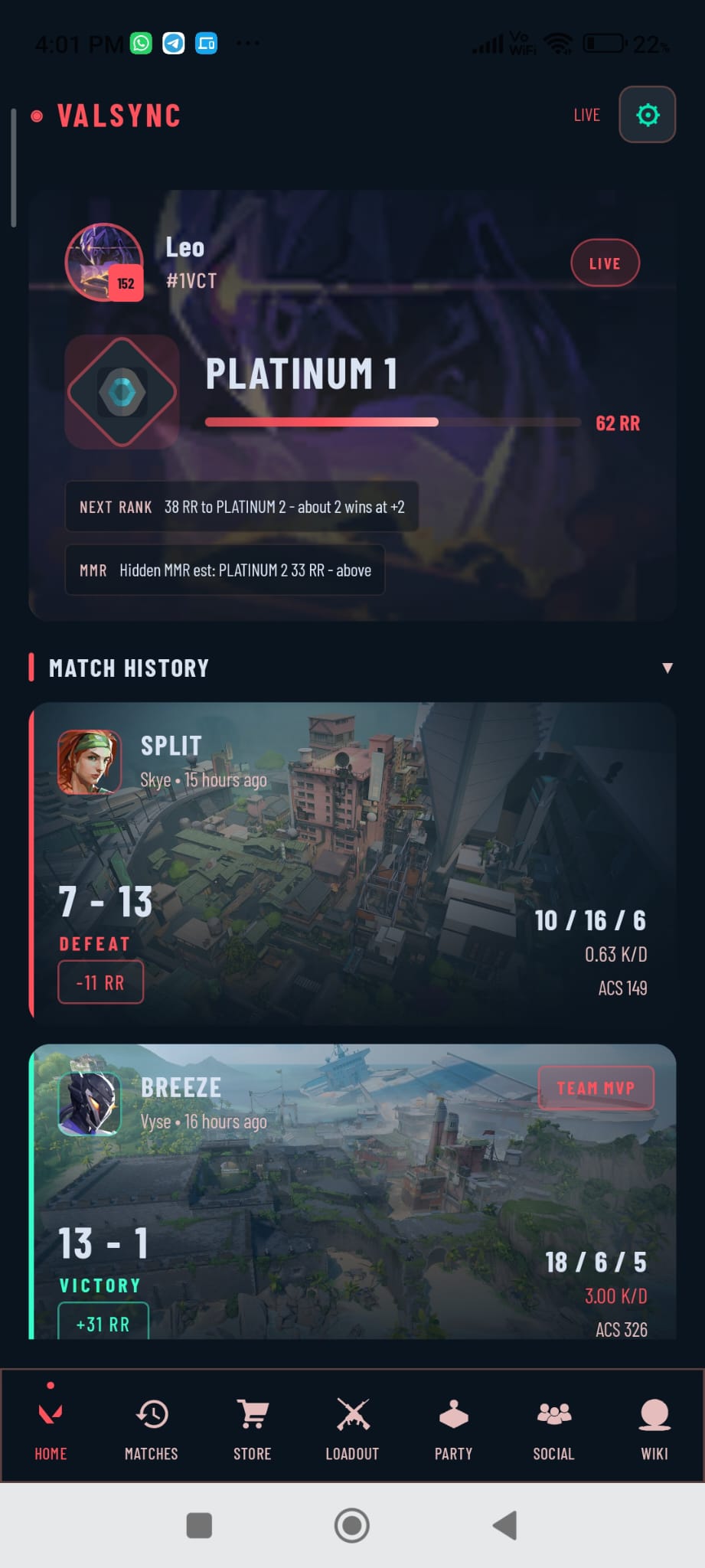 VALSYNC home screen