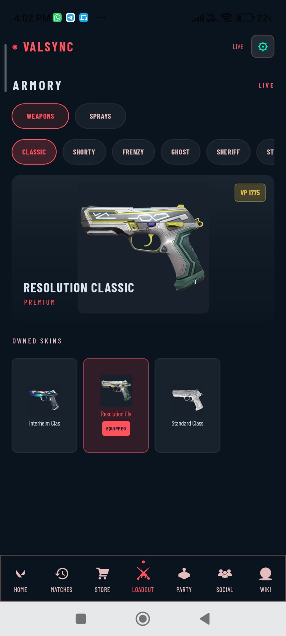 Weapon armory showing owned and available skins