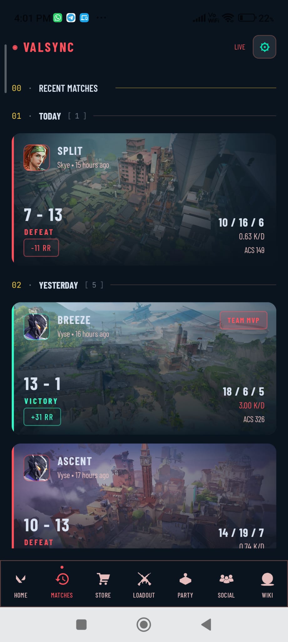 Match history list with K/D, ACS, map, and RR changes