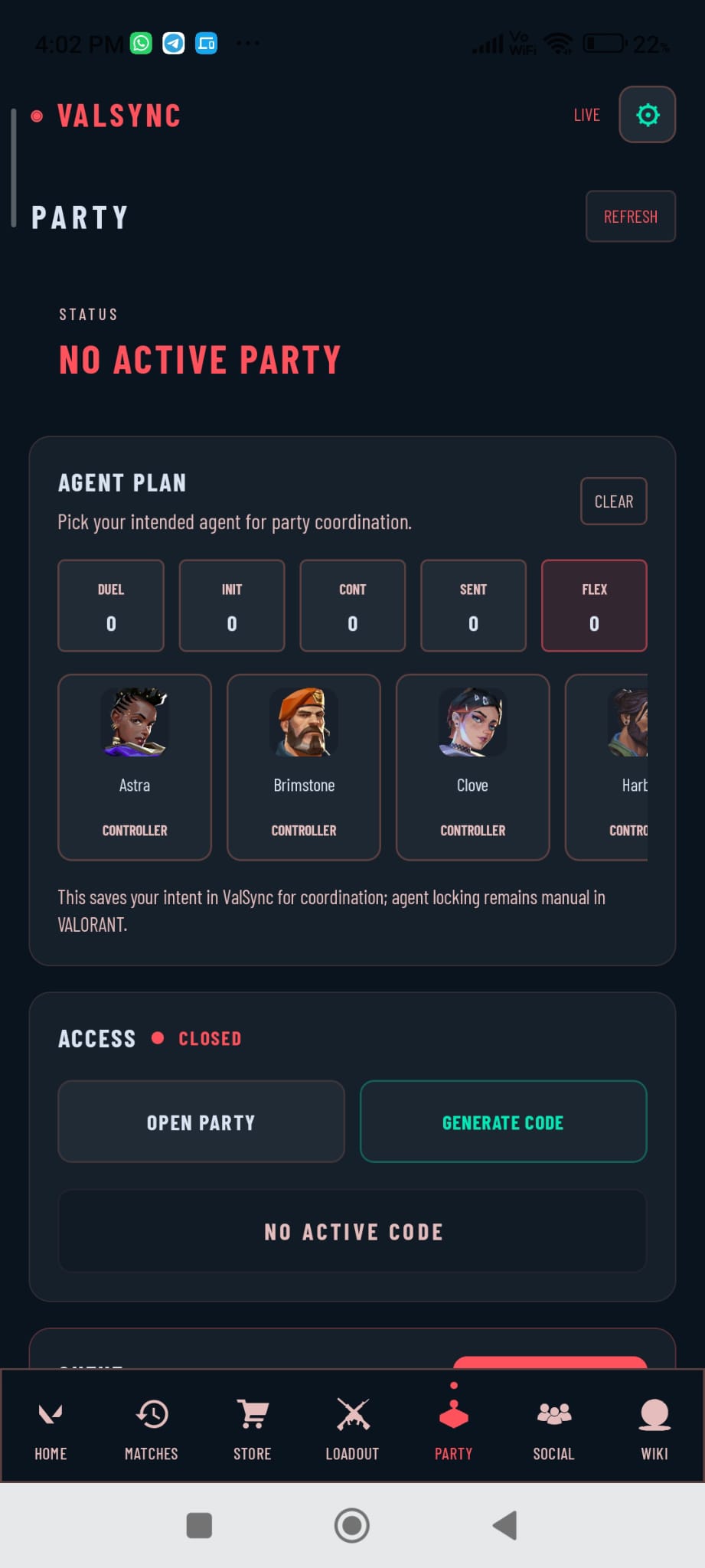 Party screen with agent plan and access controls